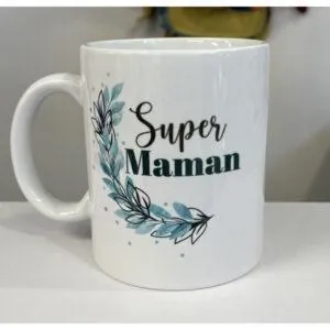 MUG "SUPER MAMAN" FEUILLES BLEUES - MA FABRIQUE PERSO