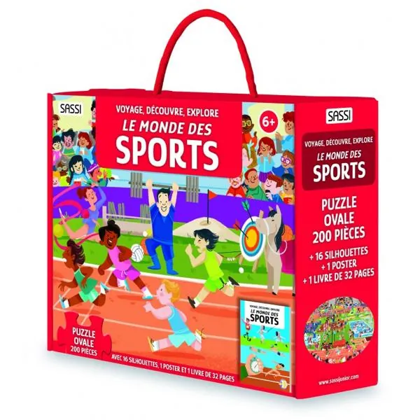 COFFRET SASSI - VOYAGE DECOUVRE EXPLORE : LE MONDE DES SPORTS LIVRE + PUZZLE 200 PIECES