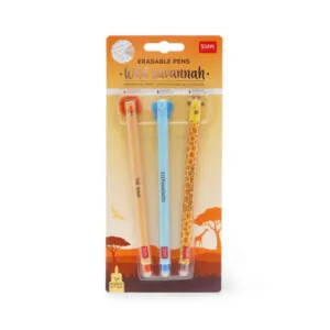 SET 3 STYLOS A ENCRE GEL EFFAÇABLE - SAVANE LION ELEPHANT GIRAFE - LEGAMI