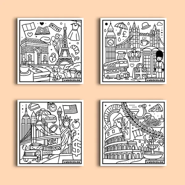 POCHETTE 4 COLORIAGES VELOURS LES VILLES DU MONDE + HISTOIRE ECRITE ET AUDIO - LUDOCOLOR – Image 2