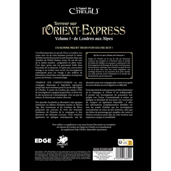 L'APPEL DE CTHULHU - TERREUR SUR L'ORIENT EXPRESS - VOLUME 1